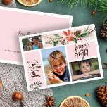 Vrolijke Merry and Bright foto collage blos Feestdagenkaart<br><div class="desc">Moderne trendy boho blush roze foto collage vakantie kaart met een kerst seizoensgebonden waterverf bloemenboeket met een rode baksteen terracotta poinsettia bloem, een speldenknop, salie jager groene sparren en gebladerte met "Joyful" "Merry and Bright" hand geletterde typografie script. Personaliseer het met 3 van je foto's aan de voorkant en handtekening...</div>