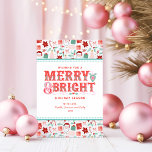 Vrolijke Merry & Bright | Retro Roze en Rode Hulst Feestdagenkaart<br><div class="desc">Deze kaart bevat een vrolijke feestelijke groet in een moderne victoriaanse typografie op een roze en rode vakantiebakgrond. U kunt personaliseren met uw naam en jaar.</div>
