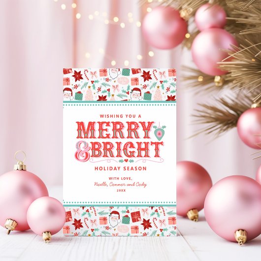 Vrolijke Merry & Bright | Retro Roze en Rode Hulst Feestdagenkaart