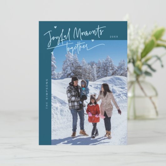 Vrolijke momenten samen Blauwgroen kerstfoto Feestdagenkaart (Staand voorkant)