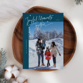 Vrolijke momenten samen Blauwgroen kerstfoto Feestdagenkaart