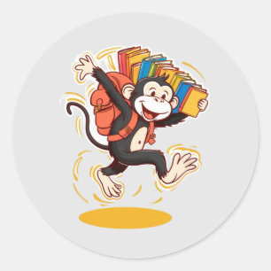 Vrolijke Monkey School Cartoon Rugzak & Boek Plezi Ronde Sticker