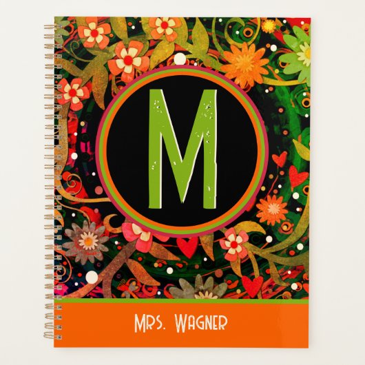 Vrolijke Monogram Aangepaste naam Floral Teacher Planner (Voorkant)