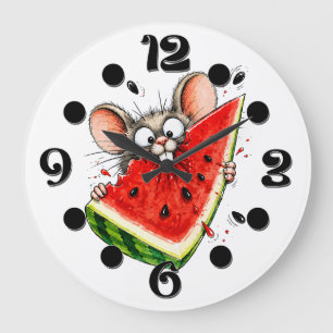 Vrolijke muis eet watermeloen grote klok