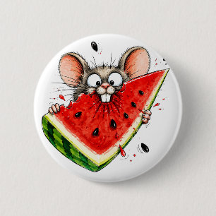 Vrolijke muis eet watermeloen ronde button 5,7 cm