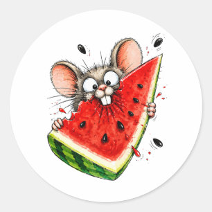 Vrolijke muis eet watermeloen ronde sticker