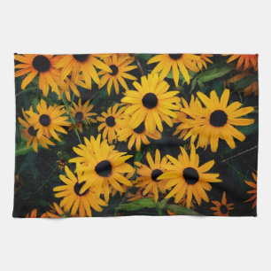 vrolijke natuur - gele en zwarte bloemfoto theedoek
