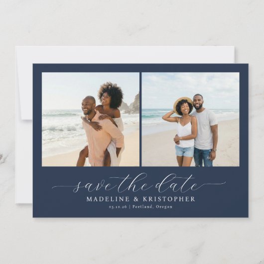 Vrolijke Navy Strand Fotocollage Save The Date (Voorkant)