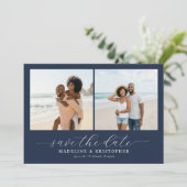 Vrolijke Navy Strand Fotocollage Save The Date (Staand voorkant)