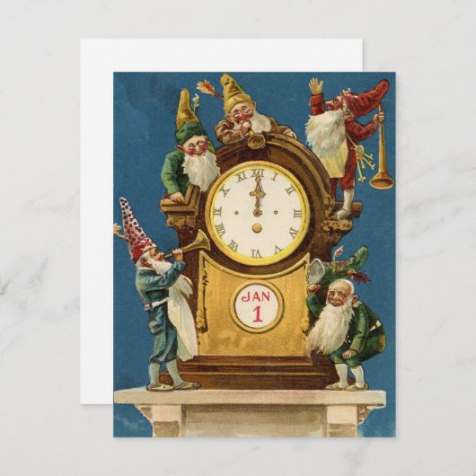  vrolijke nieuwjaarsgnomen op klok feestdagenkaart (Voorkant / Achterkant)