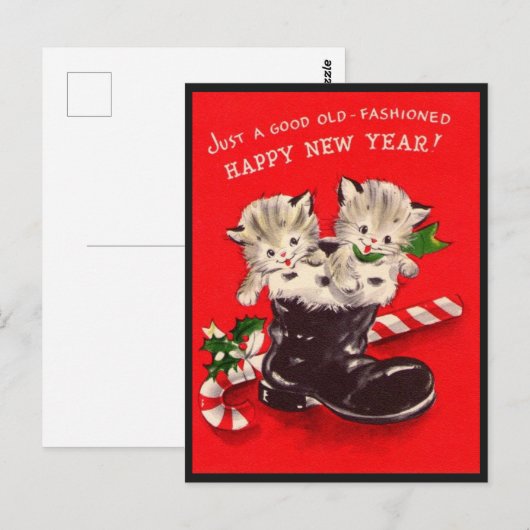  vrolijke nieuwjaarskatten in een laars briefkaart (Voorkant / Achterkant)