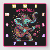 Vrolijke olifant die gitaar speelt op bruisend fes vierkante klok (Voorkant)