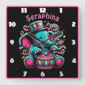 Vrolijke olifant drumt in circus vierkante klok (Voorkant)