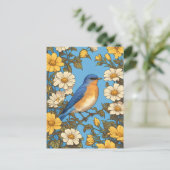 Vrolijke Oosterse Blauwvogel Gele en Witte Bloemen Briefkaart (Staand voorkant)