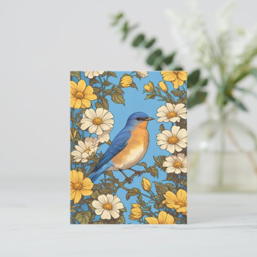 Vrolijke Oosterse Blauwvogel Gele en Witte Bloemen Briefkaart (Staand voorkant)