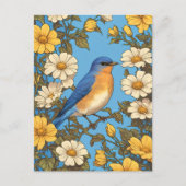 Vrolijke Oosterse Blauwvogel Gele en Witte Bloemen Briefkaart (Voorkant)