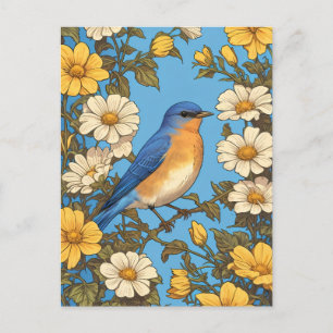 Vrolijke Oosterse Blauwvogel Gele en Witte Bloemen Briefkaart