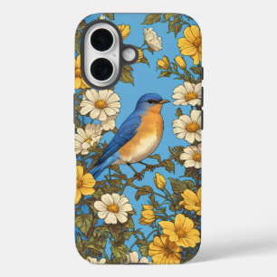 Vrolijke Oosterse Blauwvogel Gele en Witte Bloemen iPhone 16 Hoesje