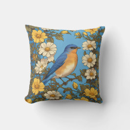 Vrolijke Oosterse Blauwvogel Gele en Witte Bloemen Kussen