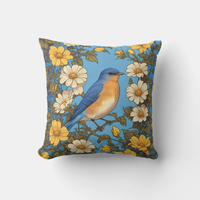 Vrolijke Oosterse Blauwvogel Gele en Witte Bloemen Kussen (Voorkant)