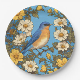 Vrolijke Oosterse Blauwvogel Gele en Witte Bloemen Papieren Bordje