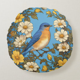 Vrolijke Oosterse Blauwvogel Gele en Witte Bloemen Rond Kussen