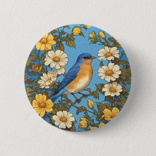 Vrolijke Oosterse Blauwvogel Gele en Witte Bloemen Ronde Button 5,7 Cm