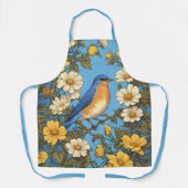Vrolijke Oosterse Blauwvogel Gele en Witte Bloemen Schort (Voorkant)