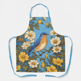 Vrolijke Oosterse Blauwvogel Gele en Witte Bloemen Schort