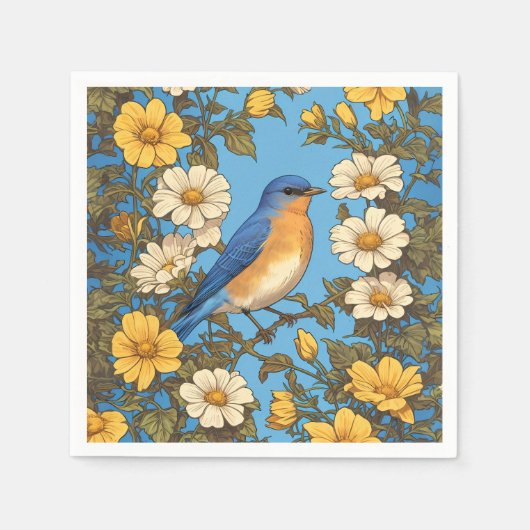 Vrolijke Oosterse Blauwvogel Gele en Witte Bloemen Servet (Voorkant)