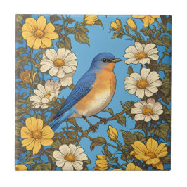 Vrolijke Oosterse Blauwvogel Gele en Witte Bloemen Tegeltje