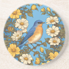 Vrolijke Oosterse Blauwvogel Gele en Witte Bloemen Zandsteen Onderzetter