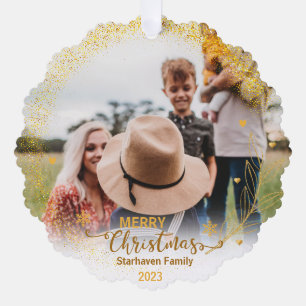 Vrolijke ornamenten foto familienaam en jaar goud