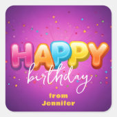 Vrolijke Paarse Gelukkige Verjaardag Confetti Fees Vierkante Sticker (Voorkant)