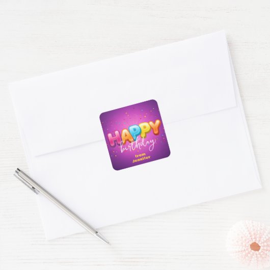 Vrolijke Paarse Gelukkige Verjaardag Confetti Fees Vierkante Sticker (Envelop)