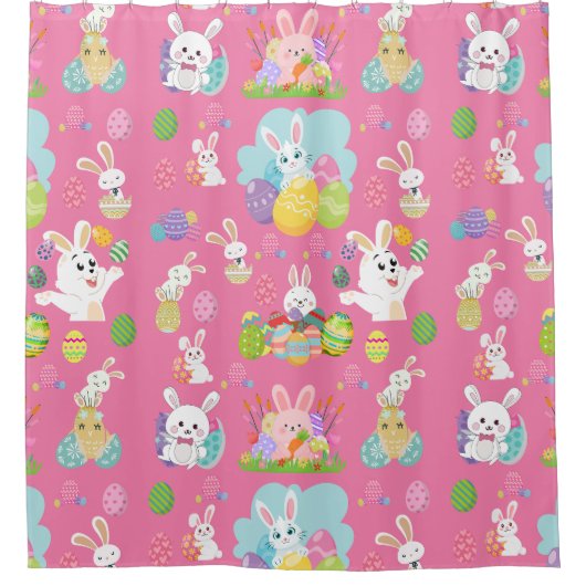 Vrolijke paasdag - Pattern Funny Bunny and Eggs Douchegordijn (Voorkant)