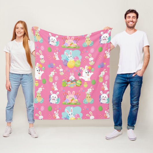 Vrolijke paasdag - Pattern Funny Bunny and Eggs Fleece Deken (In situ)