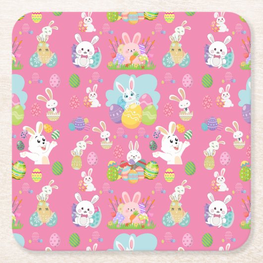 Vrolijke paasdag - Pattern Funny Bunny and Eggs Kartonnen Onderzetters (Voorkant)