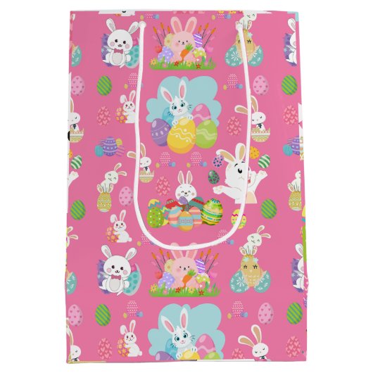 Vrolijke paasdag - Pattern Funny Bunny and Eggs Medium Cadeauzakje (Achterkant)