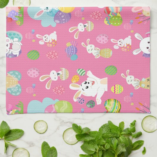 Vrolijke paasdag - Pattern Funny Bunny and Eggs Theedoek (Gevouwen)