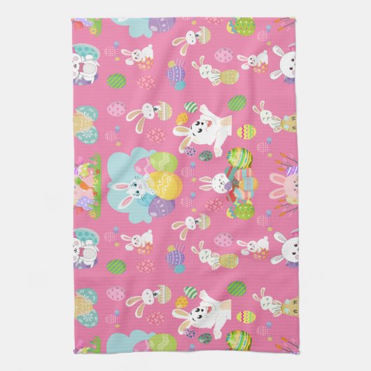 Vrolijke paasdag - Pattern Funny Bunny and Eggs Theedoek (Verticaal)