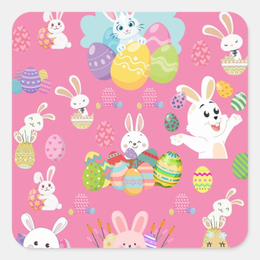 Vrolijke paasdag - Pattern Funny Bunny and Eggs Vierkante Sticker (Voorkant)