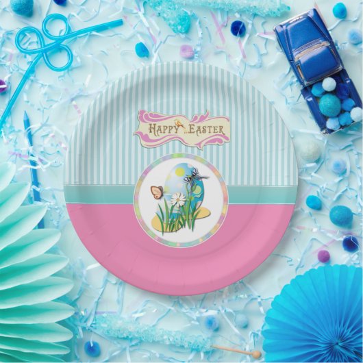 Vrolijke paaseieren en vlinders op blauwe strepen papieren bordje (Feest)