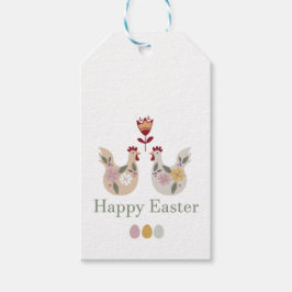 Vrolijke paaseieren met sjablonen, bloemen, kippen cadeaulabel