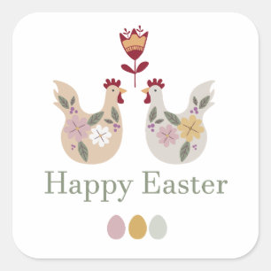Vrolijke paaseieren met sjablonen, bloemen, kippen vierkante sticker