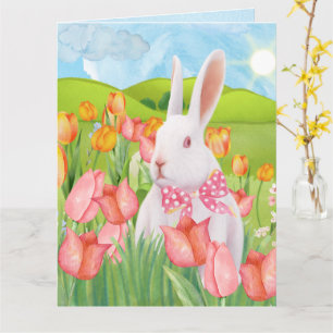 Vrolijke paashaas met roze tulpen kaart