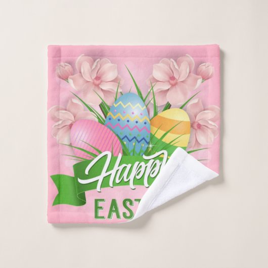 Vrolijke paasroze bloemen en eieren bad handdoek (Wasdoekje)