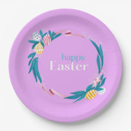 Vrolijke paastekst en laat paars met adem papieren bordje