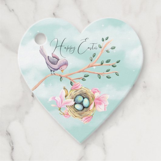 Vrolijke paasvogel op een tak over de nesten van e bedankjes labels (Voorkant)