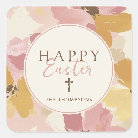 Vrolijke Pasen Religieuze Moderne Roze Bloemen Vierkante Sticker (Voorkant)